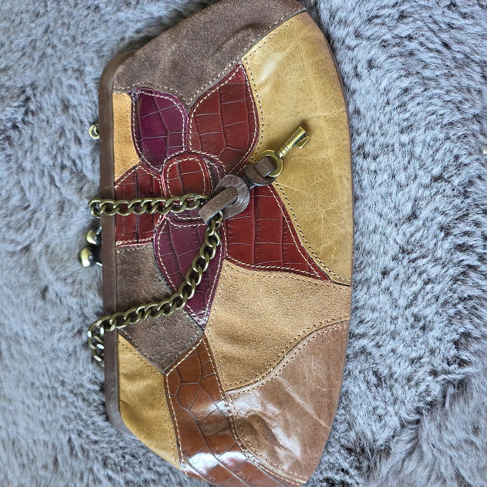 Fossil Brown Leather Patchwork Flower Wristlet Wa… - image 2